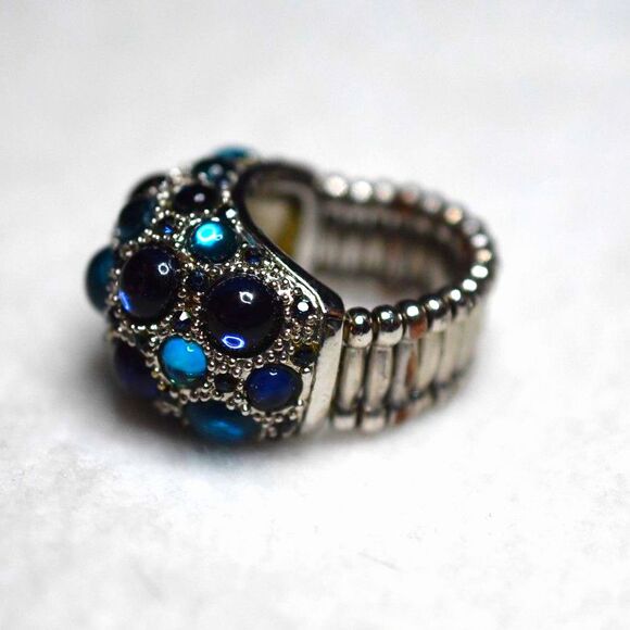 Blue Bubble Stone Rhinestone Accent Silver Tone Stretch Band OSFA Ring - Picture 3 of 3